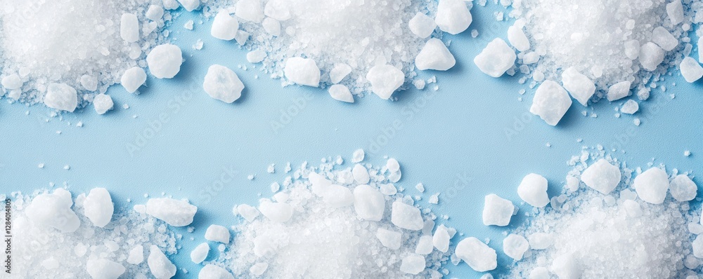 Poster this backdrop features a close-up view of various salt textures scattered across a smooth blue surfa