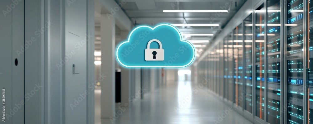 Poster a modern data center hallway featuring a cloud symbol with a lock, symbolizing cloud security and da