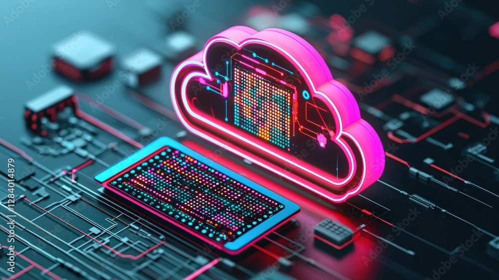 Poster a vibrant digital illustration showcasing a cloud symbol with code, representing cloud computing and