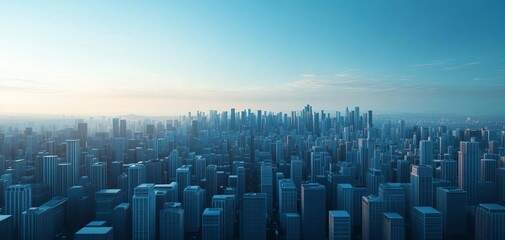 Aerial view of a vast city skyline under a clear blue sky during sunset.