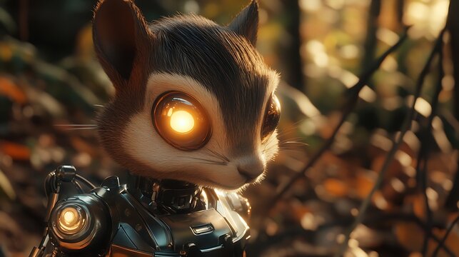 Close-up of a futuristic robotic chipmunk with glowing eyes set in a natural forest environment during golden hour, showcasing intricate details and a blend of technology and nature