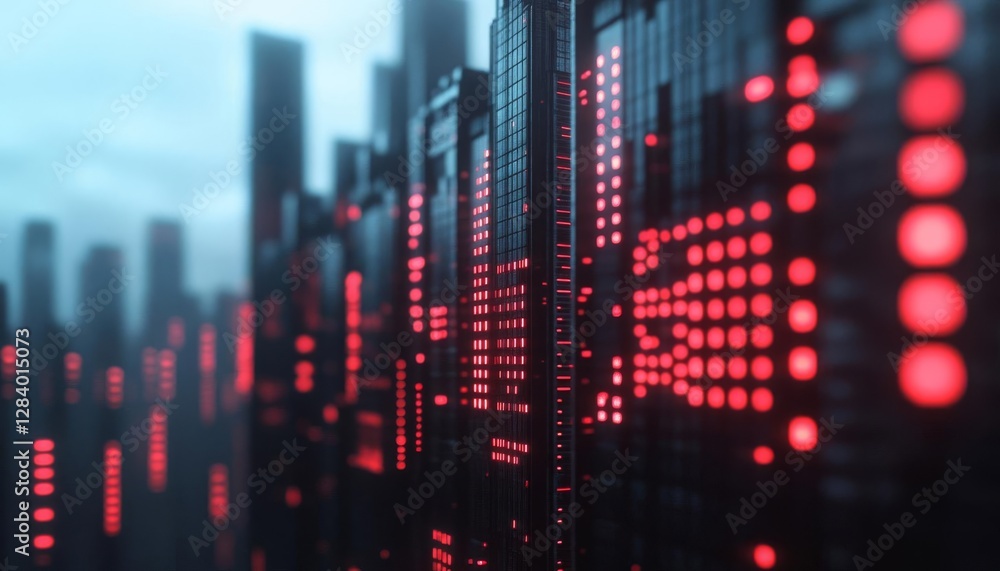 Poster abstract digital cityscape featuring illuminated red patterns and towering structures.