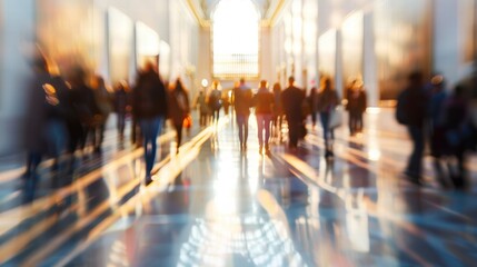 Fototapeta premium Blurred abstract perspective of a museum hall with soft ambient light.