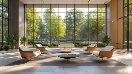 Fototapeta premium Modern lobby with panoramic forest views, furnished with comfortable seating. Use for commercial space design