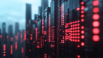 Abstract digital cityscape featuring illuminated red patterns and towering structures.