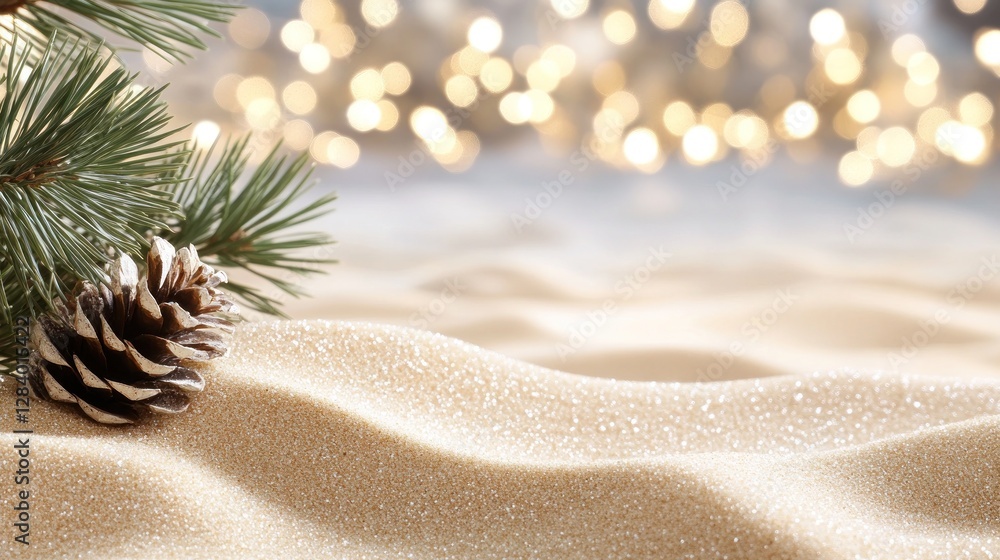 Poster soft golden sand forms gentle waves in the background complemented by green pine branches and a pine