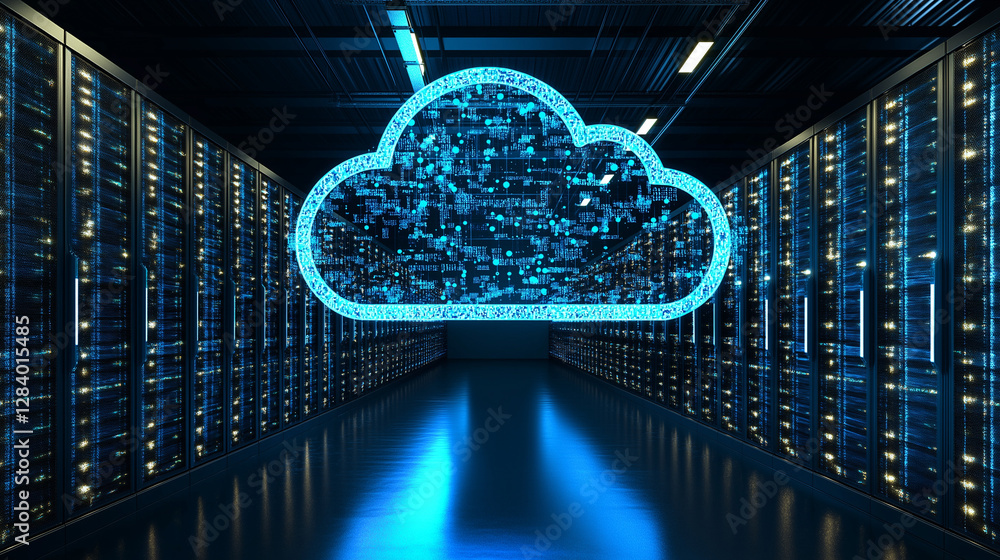 Poster cloud computing in the server room: an artistic depiction showcases the concept of cloud computing i