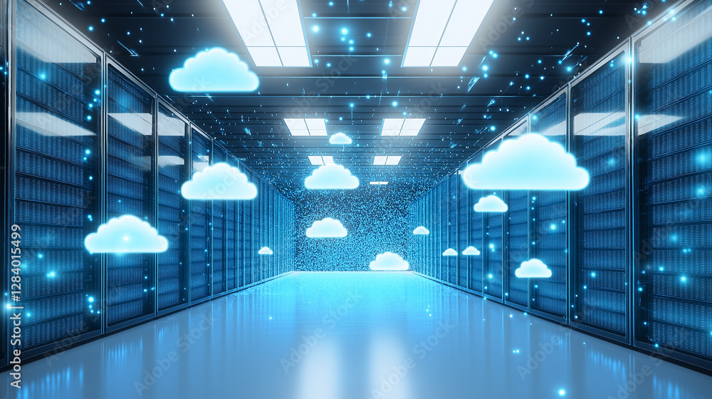 Poster cloud data center: modern data center with cloud computing concept, servers and network equipment, s