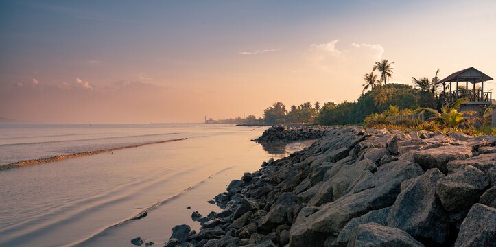 Sunrise on beach at Ruat, Yan, Kedah, Malaysia during haze.