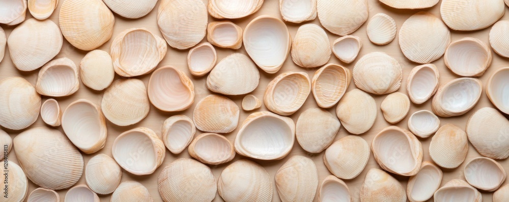 Poster a seamless arrangement of seashells lays on a neutral background showcasing an array of shapes and s