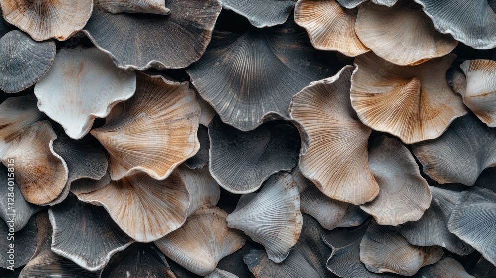 Poster a captivating texture made up of numerous sea shells showcasing soft colors and interesting shapes. 