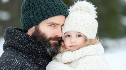 Father and Daughter in Winter Hats in Snowy Forest