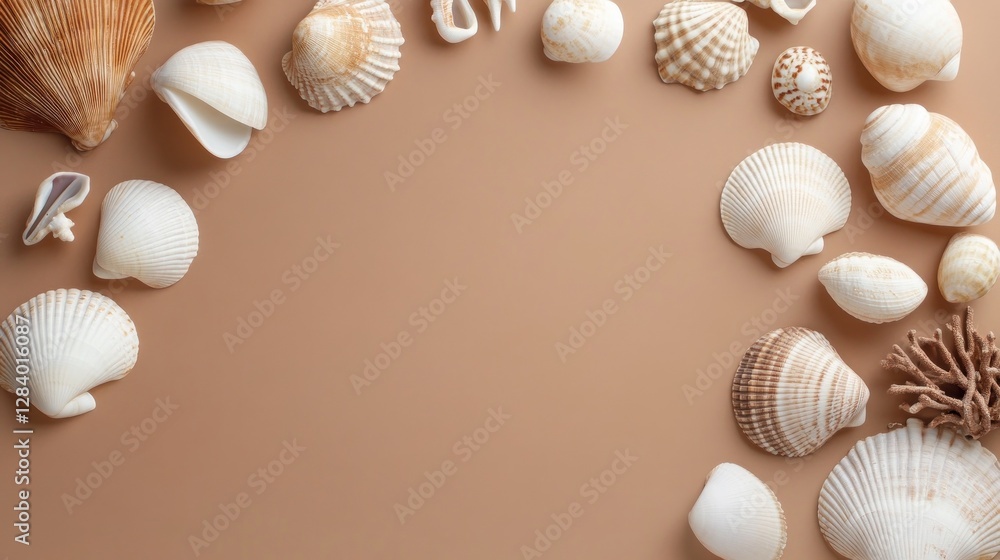 Poster a collection of diverse sea shells arranged artfully on a smooth neutral-toned surface. the soft tex