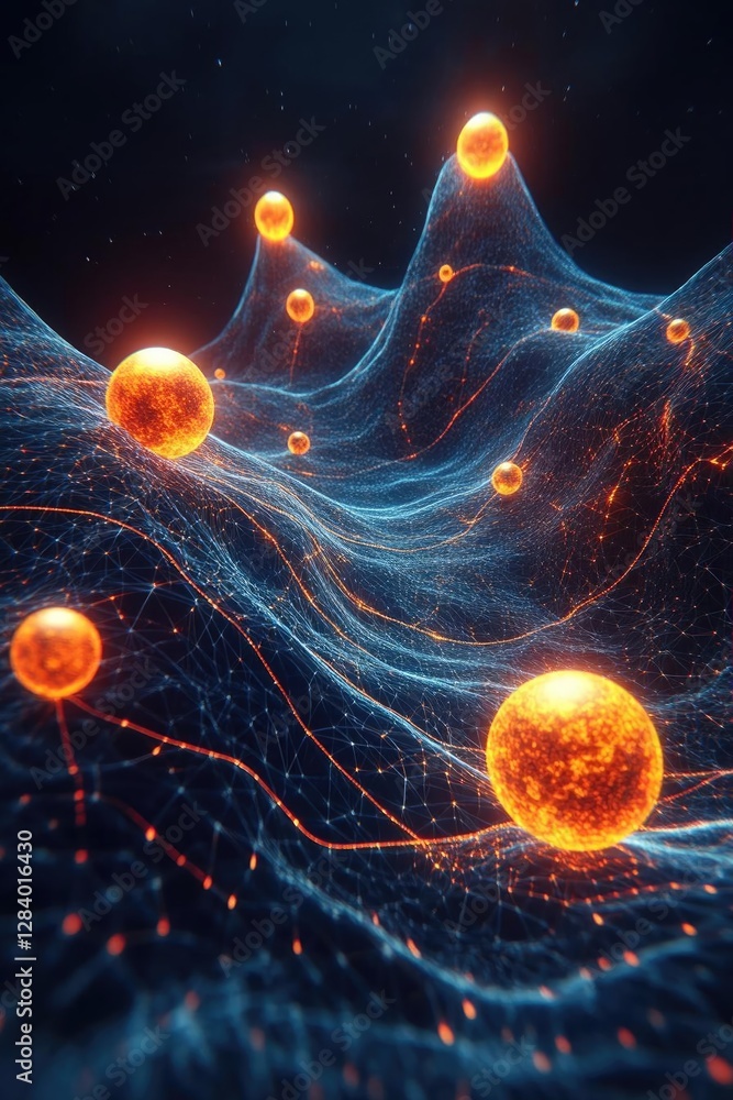Poster abstract visualization of glowing spheres and flowing lines creating a cosmic landscape