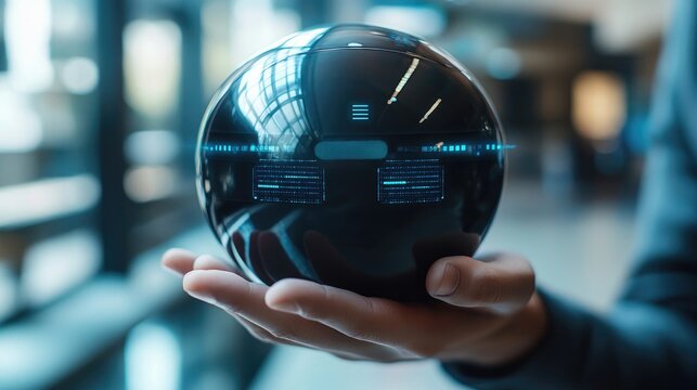 A black sphere with light effects held in a hand