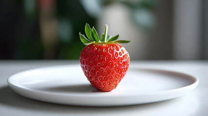 A vibrant red strawberry with green leaves sits centered on a white plate, ready to be enjoyed.