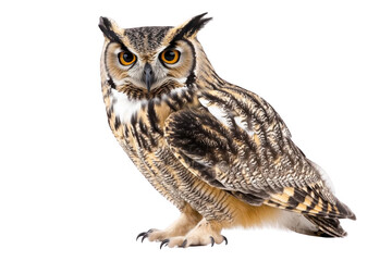 Obraz premium Majestic Owl Perches Gracefully on Branch, Showcasing Intricate Feather Patterns and Intense Gaze. Bird of Prey.