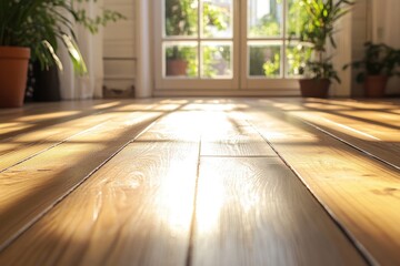 A close-up view of polished wooden flooring in a bright room. Sunlight streams through large windows, casting warm light on the floor.