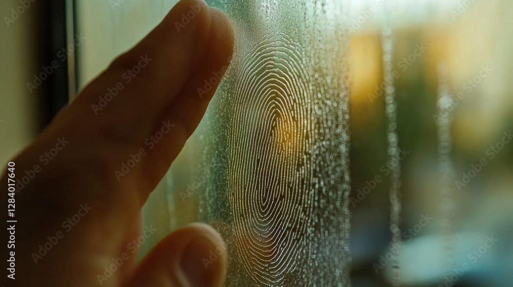 Poster fingerprint on a glass panel in close-up view, being used for biometric identification. this is a se