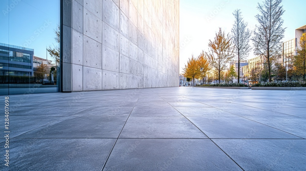 Poster an expansive stone tiled plaza stretches out, reflecting soft sunlight. tall, minimalist buildings f