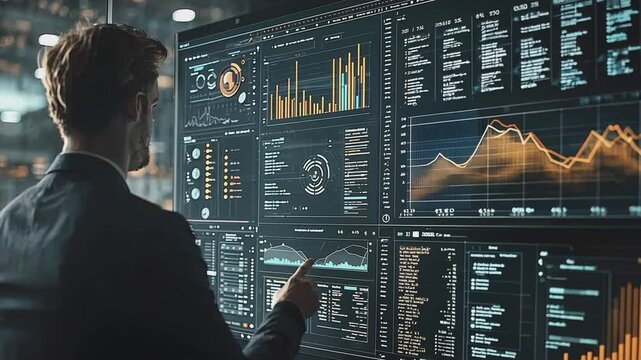 Mastering the Market: A financial analyst, immersed in data, meticulously examines intricate graphs and charts on multiple screens.