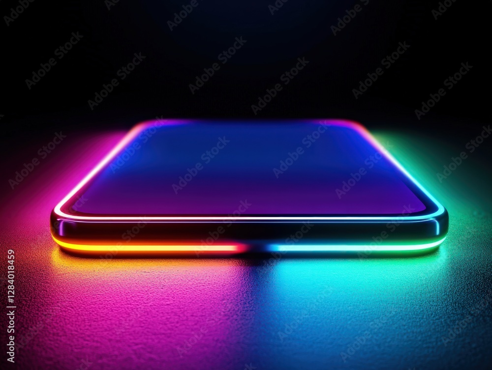 Poster sleek smartphone with neon glow on a dark reflective surface creating a futuristic atmosphere