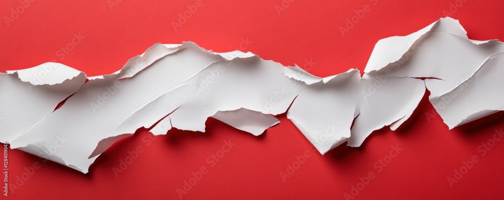 Poster this torn paper texture features various layers and edges against a bold red background providing am