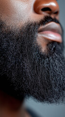 Detailed close-up of a well-groomed platinum beard showcasing fine texture and skin pores against black skin