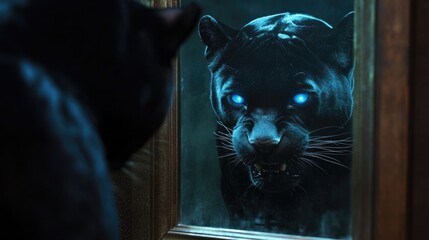 A Black Panther With Glowing Eyes Gazes Into a Mirror