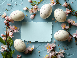 Decorative Easter eggs with blossoms and note card display