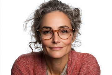 Obraz premium Librarian displaying warmth and wisdom with glasses and a cardigan surrounded by a bright white background