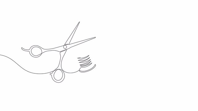 Video. Continuous drawing of one editable line of scissors, thread spool and sewing needle. Sewing accessories icon for needlework and tailor , in simple linear style. Animation on white background. 4