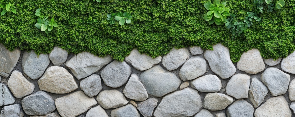 Aufkleber a textured wall features lush green moss at the top and a rustic arrangement of smooth stones below 