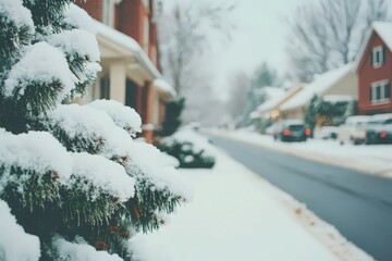Snowy Winter Street Scene: Closeup of Snow Covered Evergreen Branches