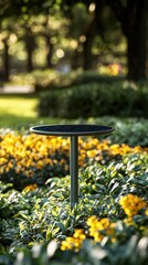 Naklejka premium Circular Garden Table Surrounded By Vibrant Yellow Flowers In A Sunlit Park