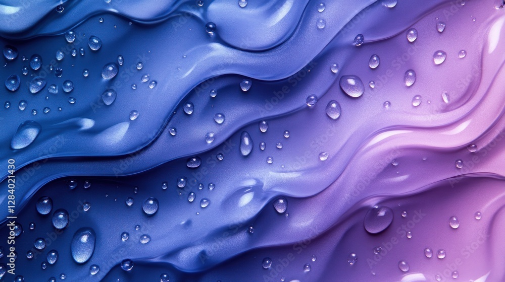 Poster water droplets rest on a smooth wavy surface featuring vibrant colors that blend from blue to purple