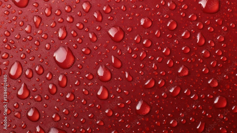 Poster textured surface features numerous water droplets on a rich red background providing a visually appe