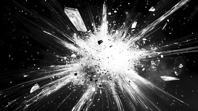 Shattered reality abstract black and white image of exploding glass shards in space. Shattered Reality Fragments. Illustration