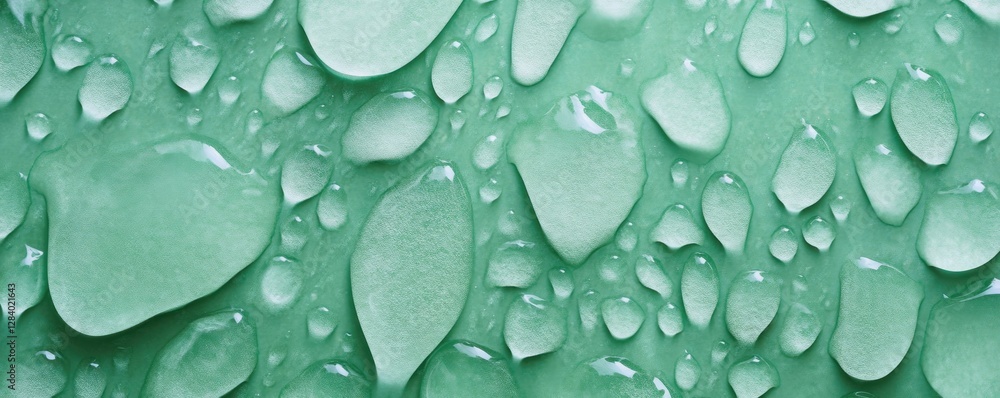 Poster a collection of water droplets rests on a smooth green surface illustrating a refreshing texture tha