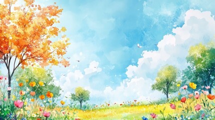 Fototapeta premium Watercolor painting of a summer scene, showing colorful flowers, trees, and a blue sky. 