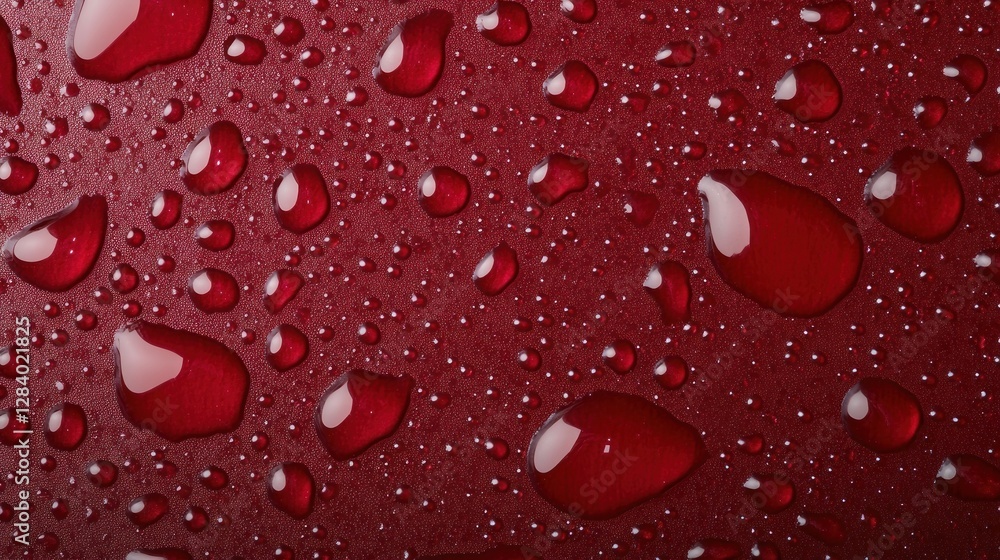 Poster water droplets of various sizes adorn a vibrant red surface creating an eye-catching texture that pr