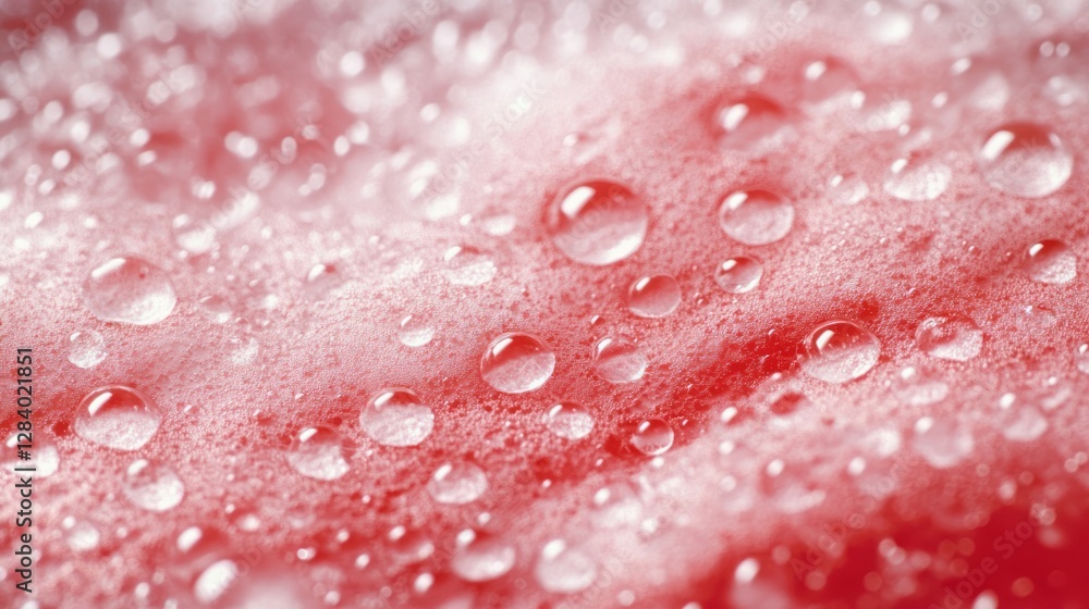 Poster water droplets rest on a textured surface showcasing a blend of vibrant colors and intricate pattern