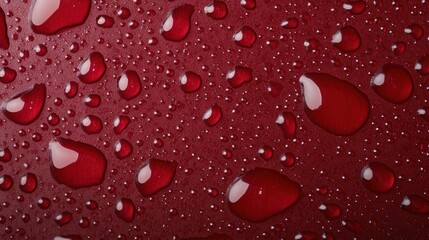 Water droplets of various sizes adorn a vibrant red surface creating an eye-catching texture that provides ample space for design elements or text. Ideal for backgrounds and visual projects