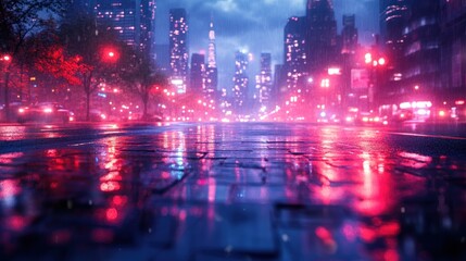Obraz premium Rainy night city street, neon lights reflected on wet pavement.