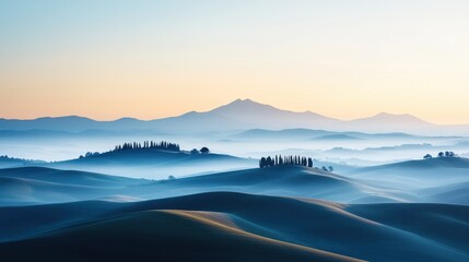 Fototapeta premium Misty sunrise over mountains peaceful landscape serene view