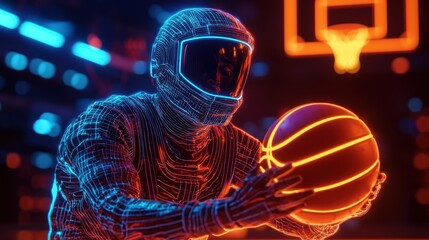 Obraz premium Futuristic Athlete Preparing for Basketball Game in Neon Lights