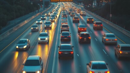 Toll booth on a busy highway with multiple lanes and vehicles. Featuring urban travel and highway systems