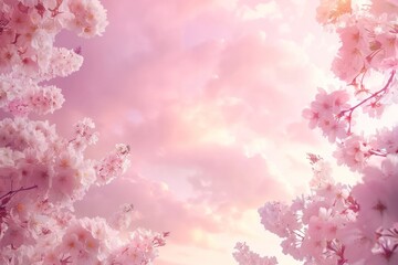 Spring nature is frame of crowns of a blossoming sakura tree against a pink sky.