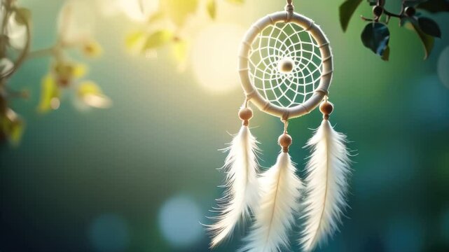 Dreamcatcher swaying on a green background with delicate feathers moving in the breeze, concept of spirituality and handmade crafts