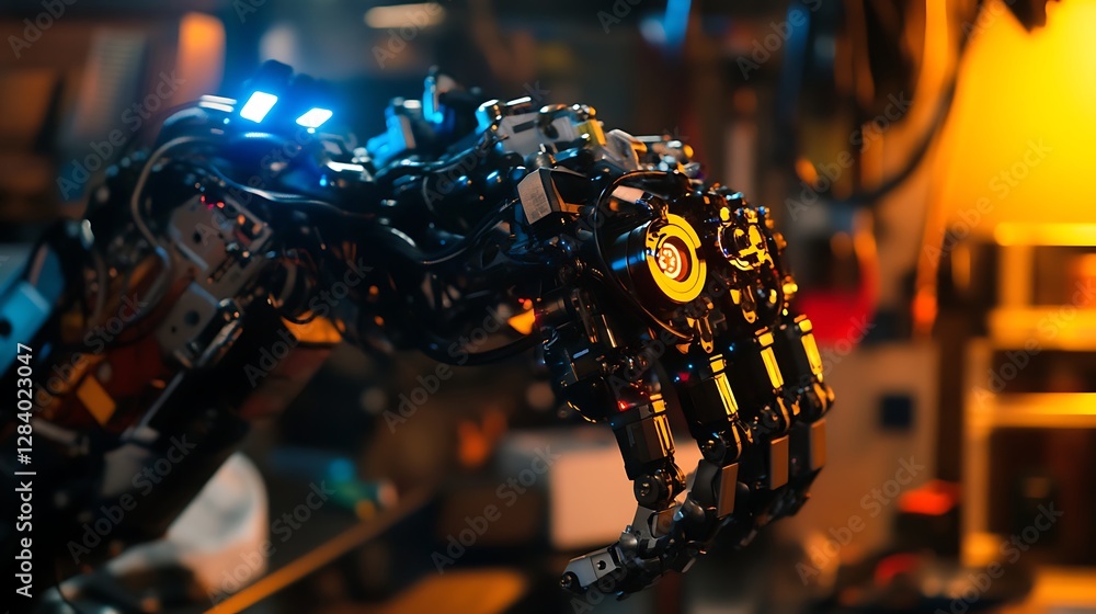 Poster a close-up view of a robotic hand with luminous led lights, showcasing intricate mechanics and techn